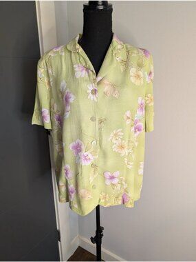 Alfred Dunner Womens Floral & Butterfly Button-Down Blouse Green & Purple: 16